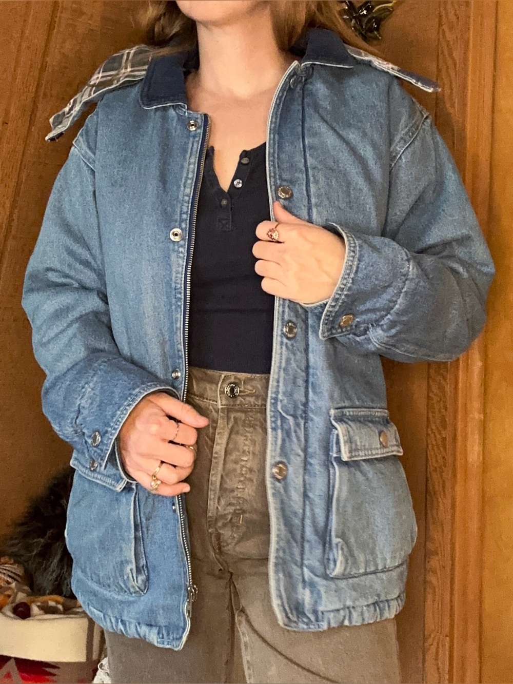 Vintage 1990s Cherokee Denim Jacket | Plaid Lined Hooded Utility Jacket